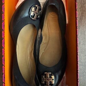Tory Burch Black Leather Logo Ballet Flats